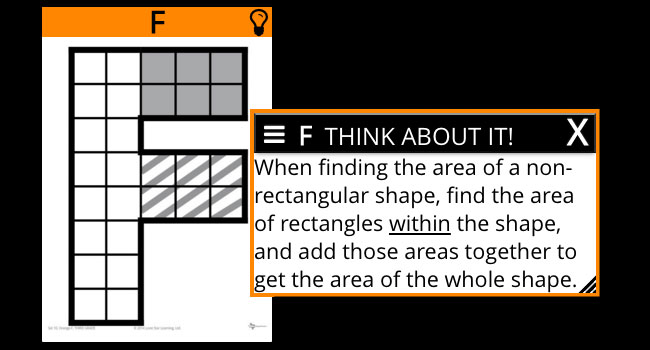 Screenshot of the digital Think About It, discussing how to find area of a non-rectangular shape
